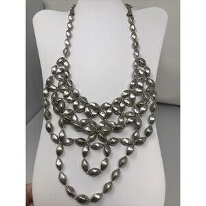 CHICO'S Necklace Silver Tone Bib Statement Beads Beaded Metallic